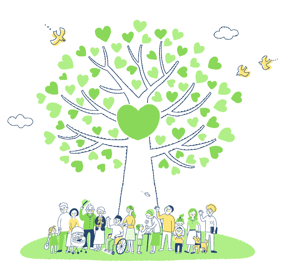 ハートの葉がついた大きな木と人々のイラスト